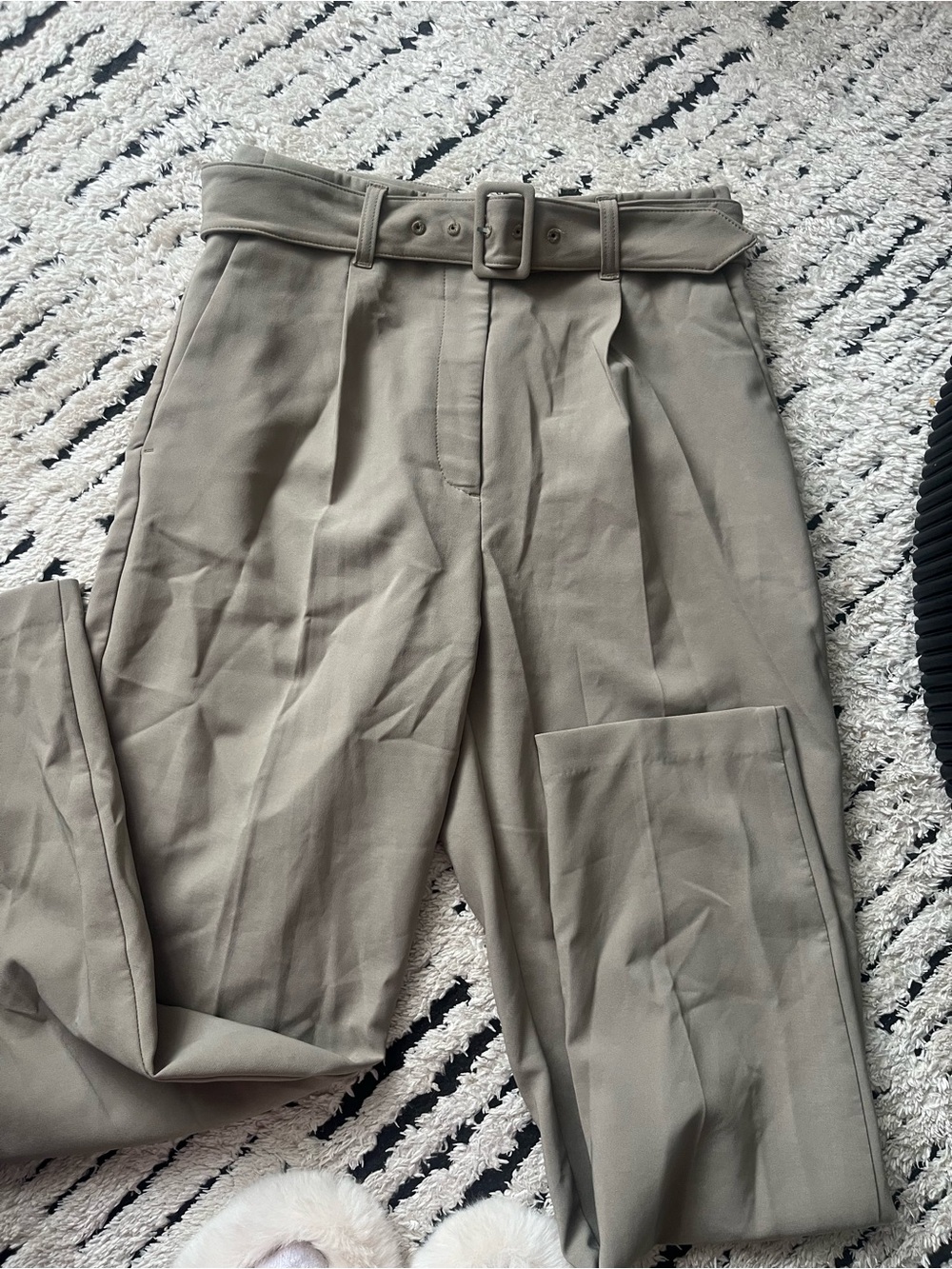 Dynamite Olive/Taupe High-Waist Pleated Trousers with Belt